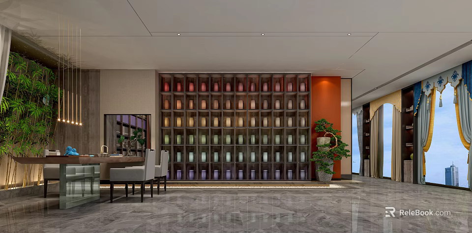 Elegant Modern Interior Featuring Colorful Bottle Display Shelf Tables And Chairs 3d model