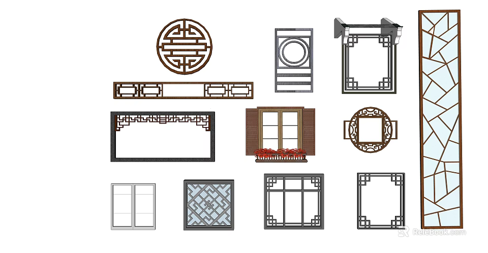 Traditional Chinese Wooden Window Grilles with Circular Square and Rectangular Lattice Designs 3d model