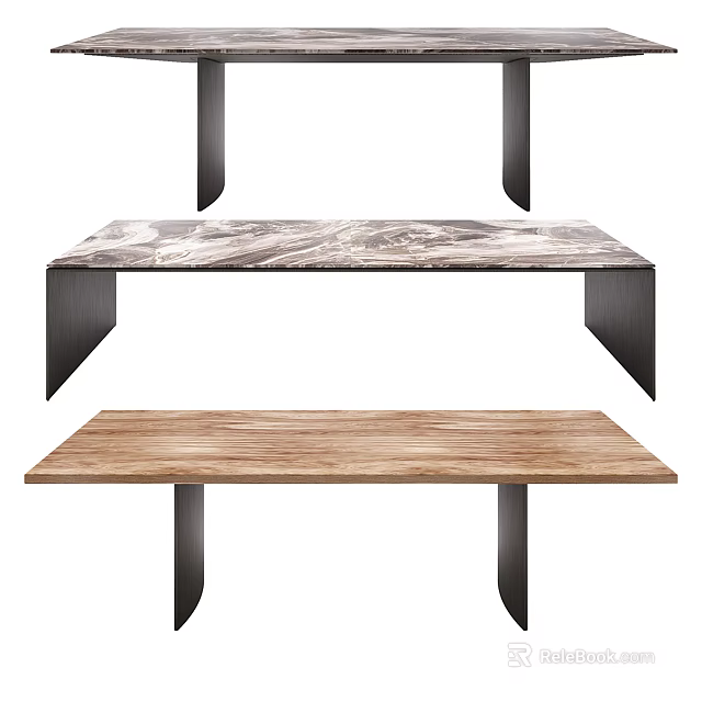 Modern Dining Table With Marble And Wooden Tabletop And Black Metal Legs 3d model 
