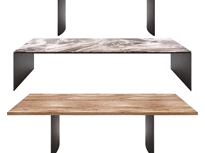 Modern Dining Table With Marble And Wooden Tabletop And Black Metal Legs 3d model