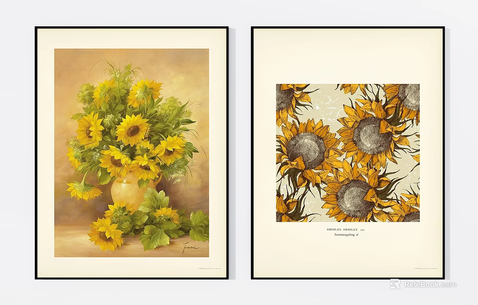 Framed Sunflower Artworks With Vase Painting And Pattern Design Decor 3d model 