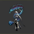 Woman In Traditional White Robe With Blue Purple Dragon Ornament And Glowing Orbs
