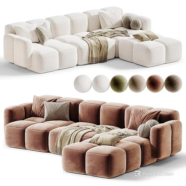 Comfortable Modern Sectional Multi seat Sofa With Plush Cushions Throw Blanket And Color Options 3d model 