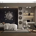 Kids Room Interior With Moon Stars Wall Decor Bed Desk Circular Shelves And Rocking Horse