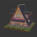A Frame Two Story Wooden House With Blue Roof Balcony Stone Base And Grass