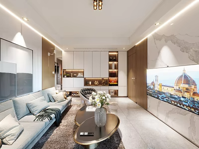 Modern Living Dining Room Interior Design With Sofa Coffee Table TV And Chandelier 3d model