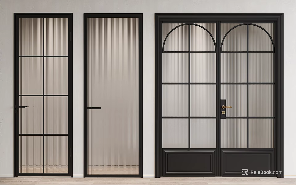 Modern Hinged Doors With Black Frames And Various Glass Panel Designs 3d model 