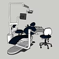 Modern Dental Chair Setup With Doctor Stool And Medical Instruments