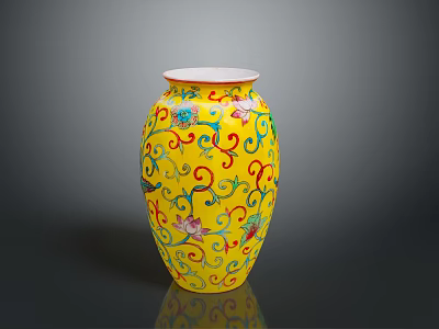 Exquisite Carved Vase Sculpture with Yellow Base and Colorful Scroll Floral Bird Patterns 3d model