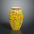 Exquisite Carved Vase Sculpture with Yellow Base and Colorful Scroll Floral Bird Patterns