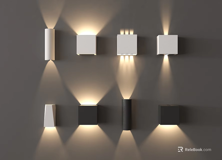 Contemporary Wall Lamps With Various Designs And Shapes Illuminating Gray Wall 3d model 