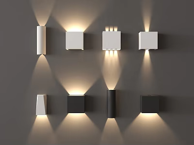 Contemporary Wall Lamps With Various Designs And Shapes Illuminating Gray Wall 3d model