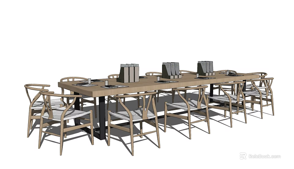 Modern Wooden Conference Table With Matching Chairs And Document Holders In Office 3d model 