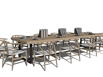 Modern Wooden Conference Table With Matching Chairs And Document Holders In Office 3d model