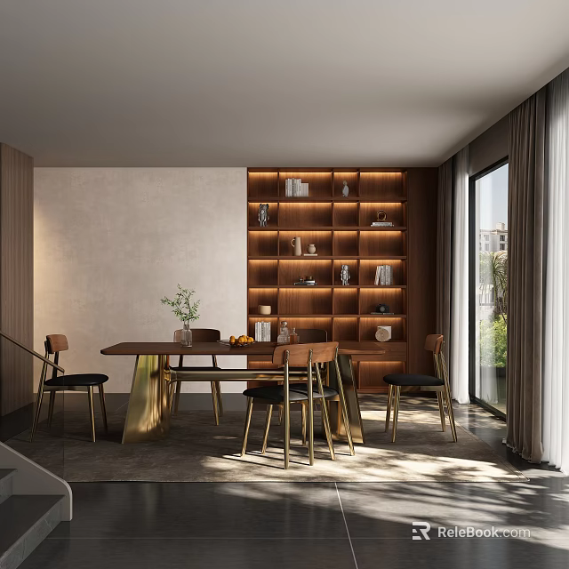 Modern Restaurant Interior With Wooden Bookshelf Wall Dining Table And Bright Lighting 3d model 