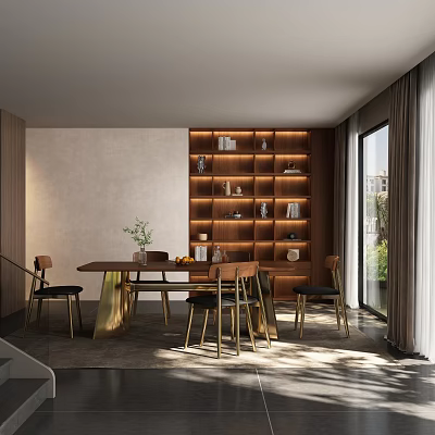 Modern Restaurant Interior With Wooden Bookshelf Wall Dining Table And Bright Lighting 3d model
