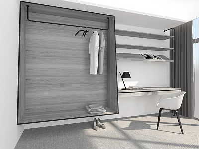 Modern Gray Wood Wardrobe With Hanging Area Shelves Desk And Chair In Home Office 3d model