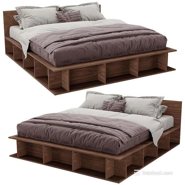 Modern Double Bed With Wooden Platform Frame Gray Bed Sheets And Pillows 3d model 