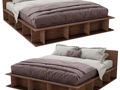 Modern Double Bed With Wooden Platform Frame Gray Bed Sheets And Pillows 3d model