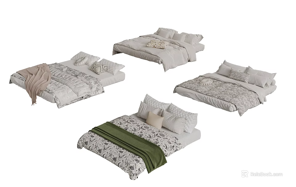 Various Stylish Bed Arrangements With Different Linens Pillows And Blankets 3d model 