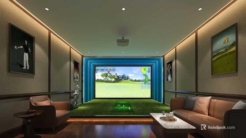 Indoor Golf Simulator Fitness Training Space With Virtual Course Green Turf And Seating 3d model 