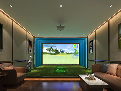 Indoor Golf Simulator Fitness Training Space With Virtual Course Green Turf And Seating 3d model
