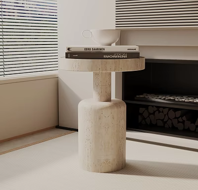 Cream Stone Cylindrical Side Table with Books and White Cup Near Fireplace and Window Blinds 3d model