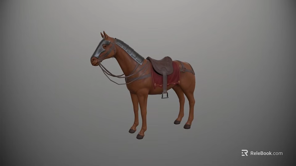 Brown Toy Horse Model With Leather Saddle Red Blanket And Reins 3d model 