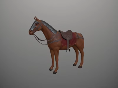 Brown Toy Horse Model With Leather Saddle Red Blanket And Reins 3d model