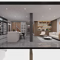 Specialty Store Interior Design With Display Shelves Sofa Tables And Ceiling Lights 3d model