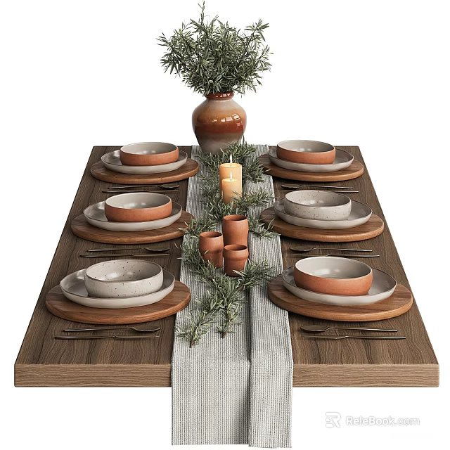 Ceramic Dinnerware Set With Plates Bowls Cutlery Greenery And Candles On Wooden Table 3d model 