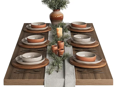 Ceramic Dinnerware Set With Plates Bowls Cutlery Greenery And Candles On Wooden Table 3d model