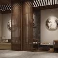 Traditional Chinese Teahouse Interior With Bamboo Partitions Round Wooden Table Chairs Bookshelves And Hanging Lamps