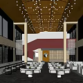 Modern Elegant Hall Interior With Large Windows Chandeliers Dining Tables And Red Accent Wall 3d model