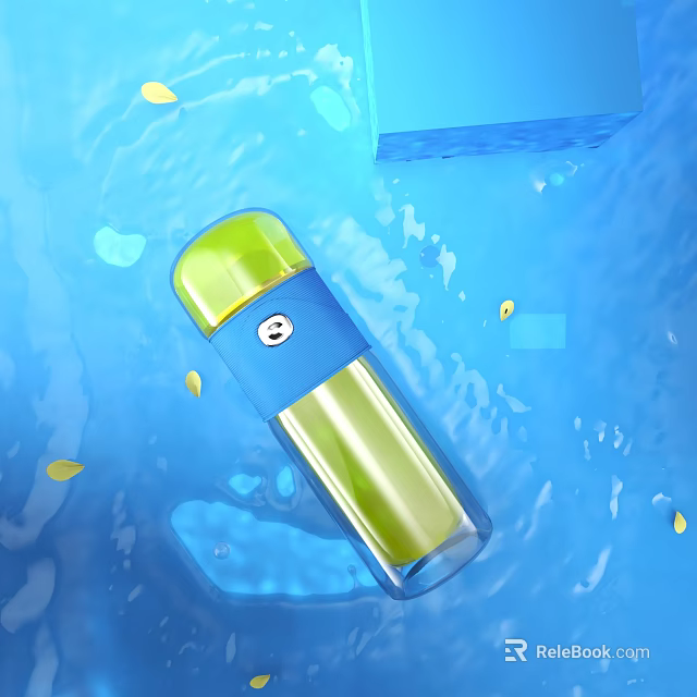 Transparent Blue Green Water Bottle With Lid Floating In Blue Water And Yellow Leaves 3d model 