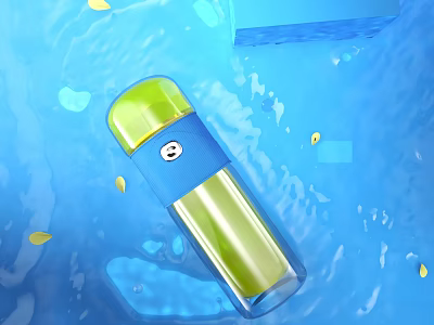 Transparent Blue Green Water Bottle With Lid Floating In Blue Water And Yellow Leaves 3d model