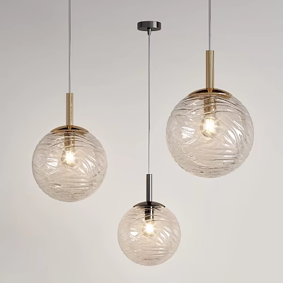 Modern Textured Glass Pendant Lights with Illuminated Transparent Balls and Metal Fixtures in Minimalist Setting 3d model