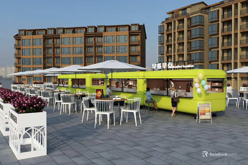 Green Food Truck In Outdoor Dining Area With White Tables Chairs Umbrellas And Menu Board 3d model 