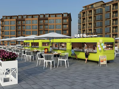 Green Food Truck In Outdoor Dining Area With White Tables Chairs Umbrellas And Menu Board 3d model