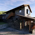 Rustic Vacation Home with Wooden Structure Stone Wall Facade Front Balcony and Stone Pavement Courtyard