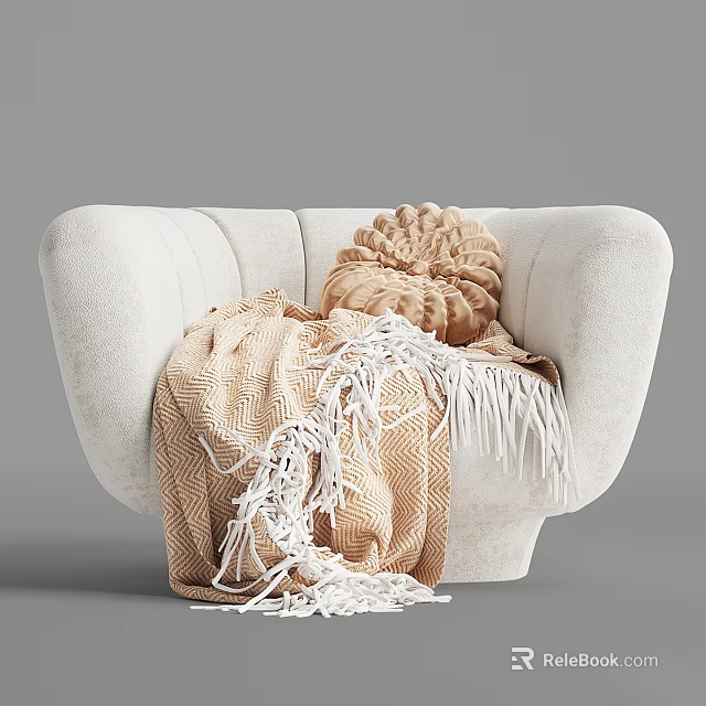 White Plush Accent Chair with Knitted Beige Cushion and Tasseled Blanket 3d model 