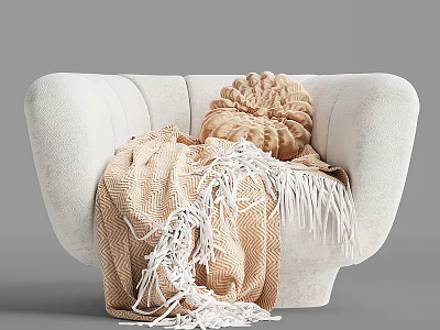 White Plush Accent Chair with Knitted Beige Cushion and Tasseled Blanket 3d model