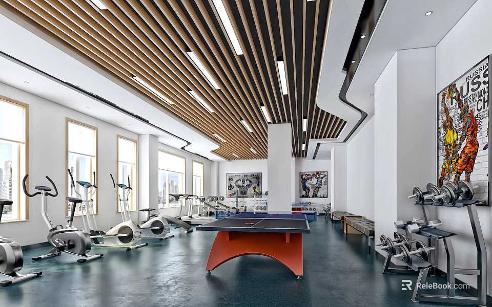 Modern Gym Interior With Wooden Slat Ceiling Fitness Equipment And Table Tennis Table 3d model 
