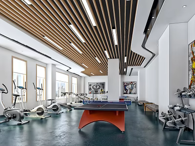 Modern Gym Interior With Wooden Slat Ceiling Fitness Equipment And Table Tennis Table 3d model