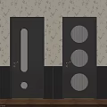 Black Doors With Glass Panels Against Floral Wallpaper And Dark Wainscoting Interior