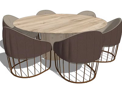 Round Wooden Dining Table Set With Six Brown Padded Chairs And Metal Mesh Legs 3d model