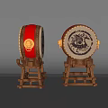 Traditional Chinese Musical Drums With Red Body Golden Decor And Dragon Pattern On Wooden Stand