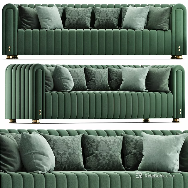 Elegant Velvet Emerald Green Two Seater Sofa With Tufted Details And Plush Pillows 3d model 