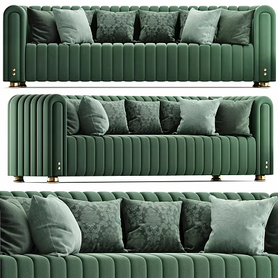 Elegant Velvet Emerald Green Two Seater Sofa With Tufted Details And Plush Pillows 3d model