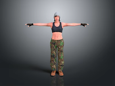 Person In Gray Hat Black Sports Bra Camouflage Pants And Brown Boots With Arms Outstretched 3d model
